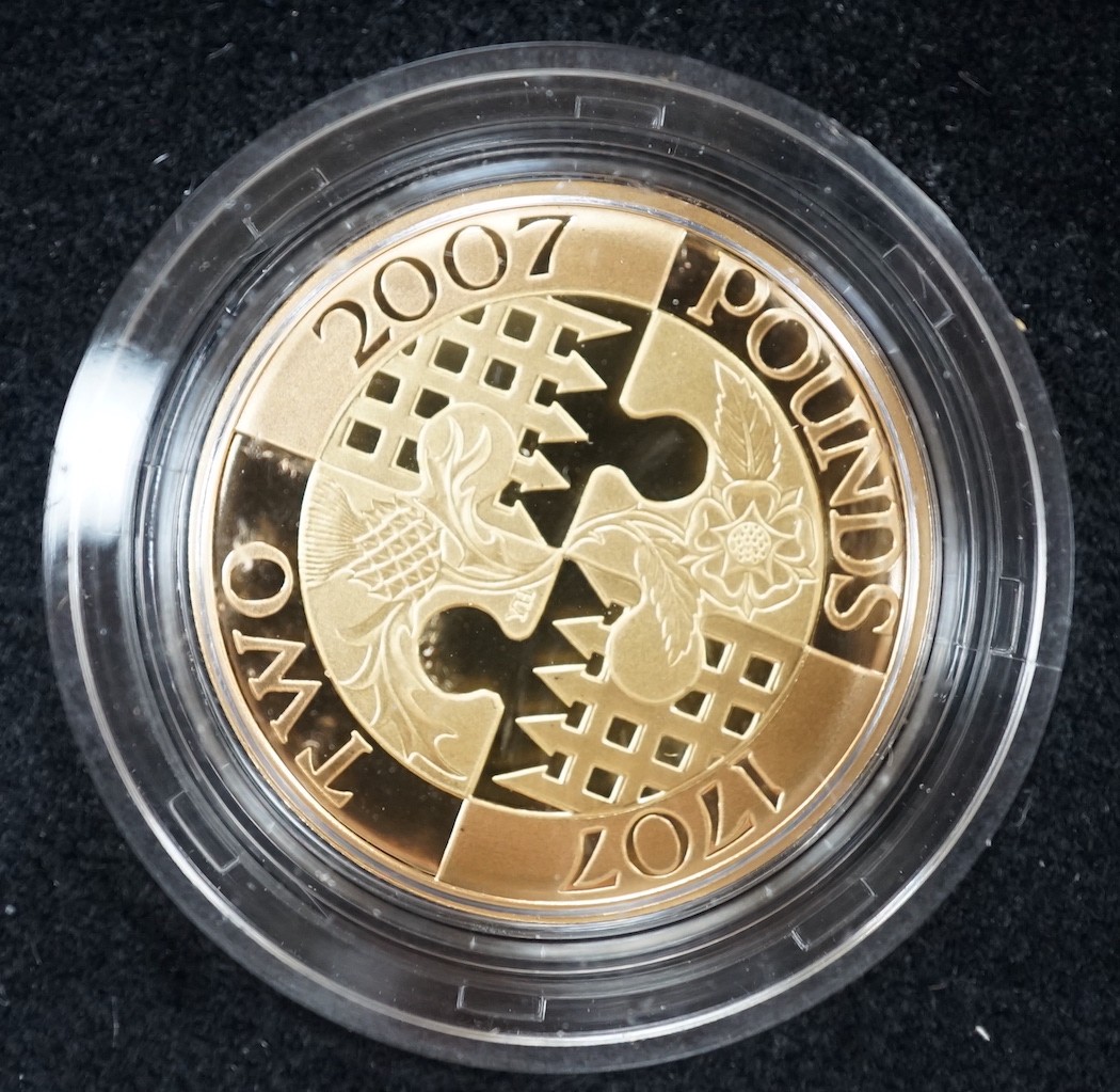 A cased Limited Edition 2002 '300th Anniversary of the Act of the Union', gold £2 proof coin, with certificate.